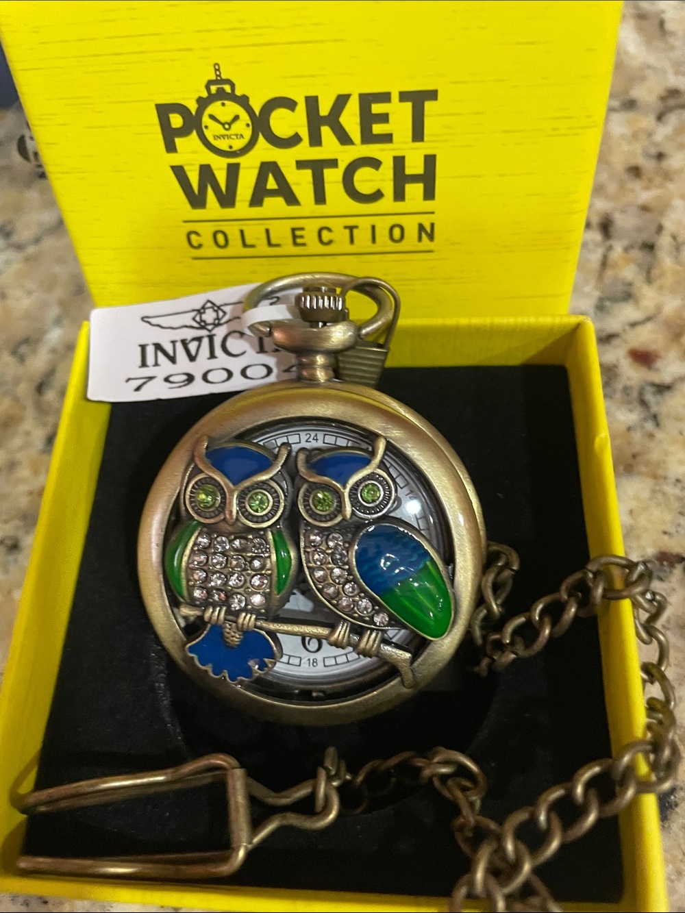 Invicta Brass Pocket Watch with Blue and Green Owl Motif